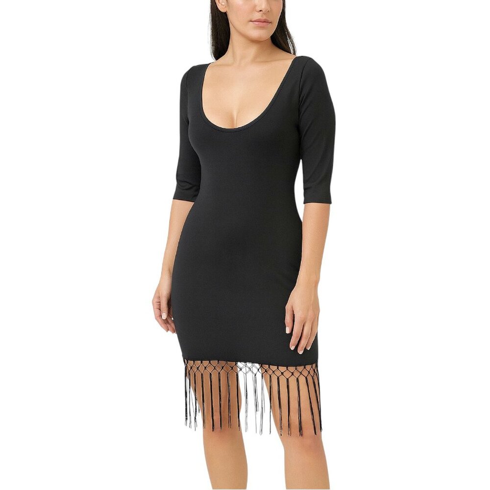 Sultry Back Tie Fringe Mini Dress 🖤 Deep Plunge Back | Night Out / Party Fit - Picture 4 of 8